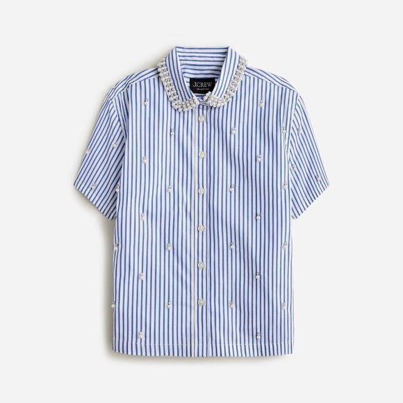 NWT J.Crew Collection Cropped Short-sleeve Shirt in Blue White Stripe Pearl 24